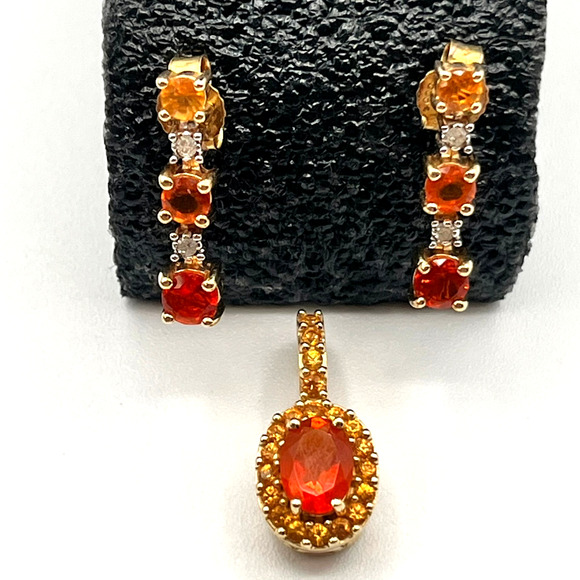 14K Gold Orange Sapphire Pendant & Orange Sapphire & Diamond Earrings 4.75 Grams - Picture 1 of 16